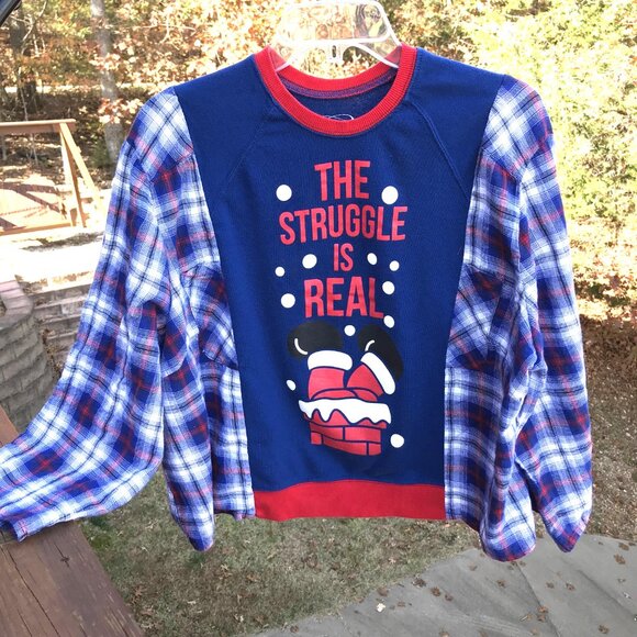 Flannel Tee Upcycle, Christmas Shirt: Size M-XL, Holiday Graphics, Santa - Picture 9 of 10